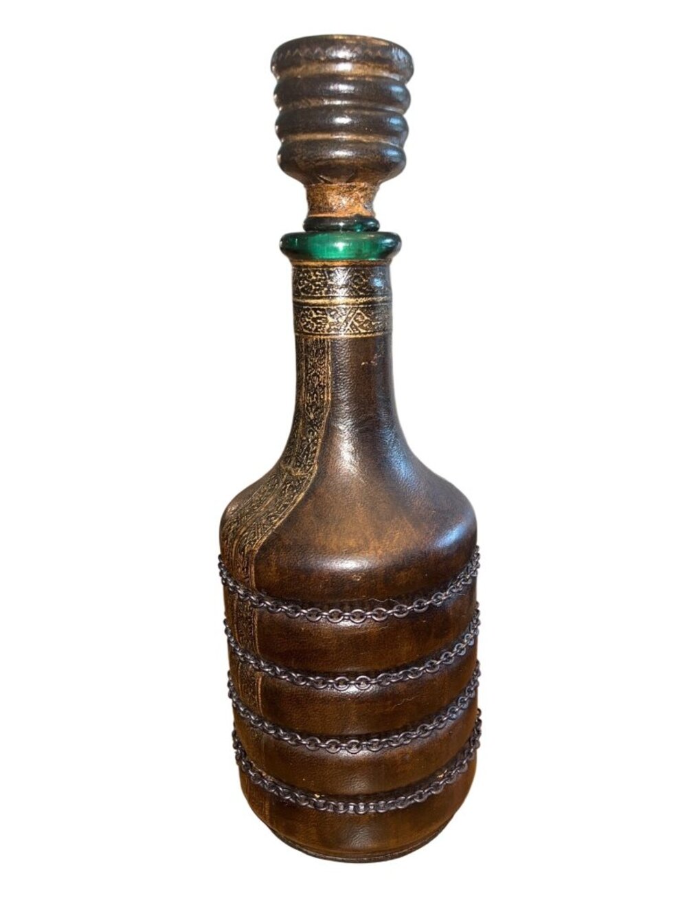 Italian Leather Whiskey Decanter With Chains Vintage Mid-Century Barware 1960s - Picture 4 of 7